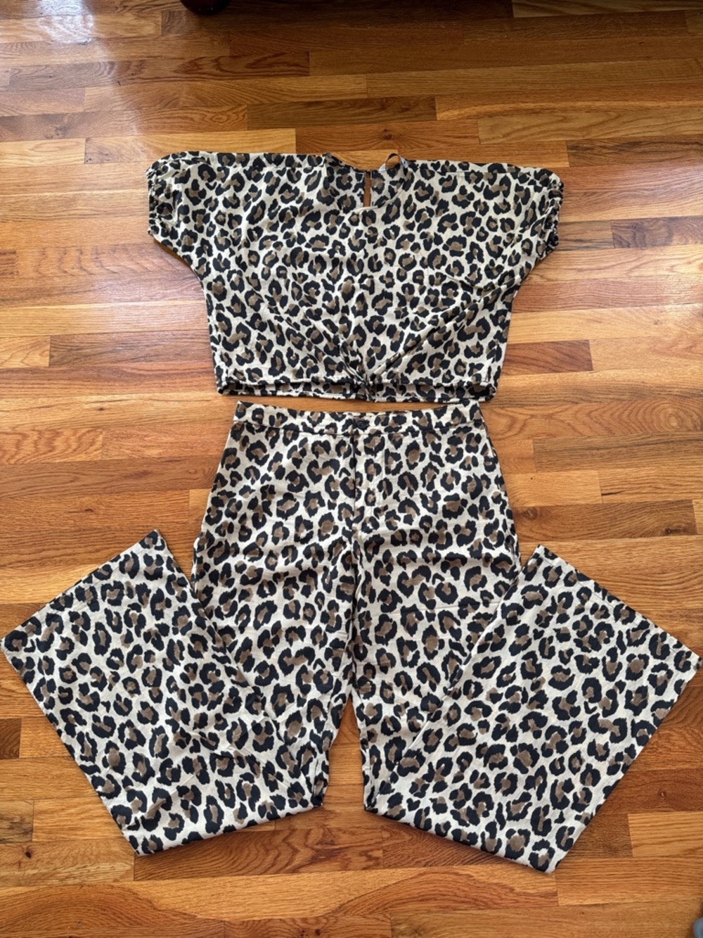 Zara Leopard Print Crop Top and Wide Leg Pants Set - Beige, Black, Brown